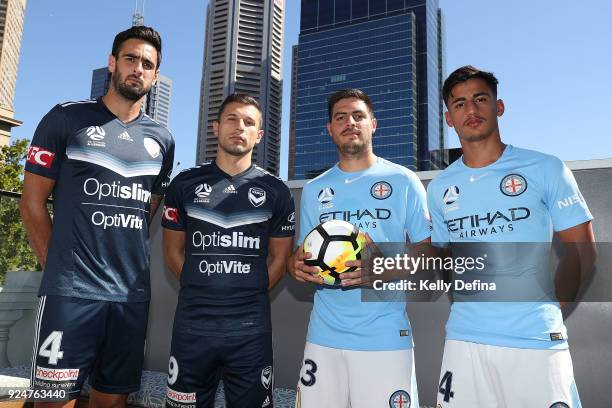 Rhys Williams, Kosta Barbarouses, Bruno Fornaroli and Daniel Arzani pose for a portrait during a Melbourne Victory and Melbourne City FC A-League...