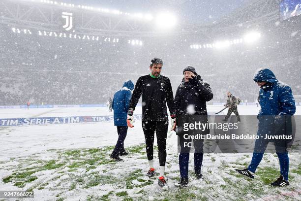 Gianluigi Buffon and Giuseppe Marotta before the serie A match between Juventus and Atalanta BC postponed because of an intense snowfall on February...