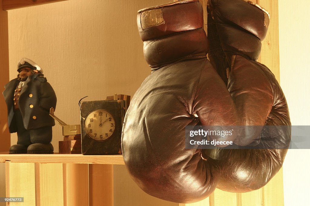 Old boxing gloves on shelves #3