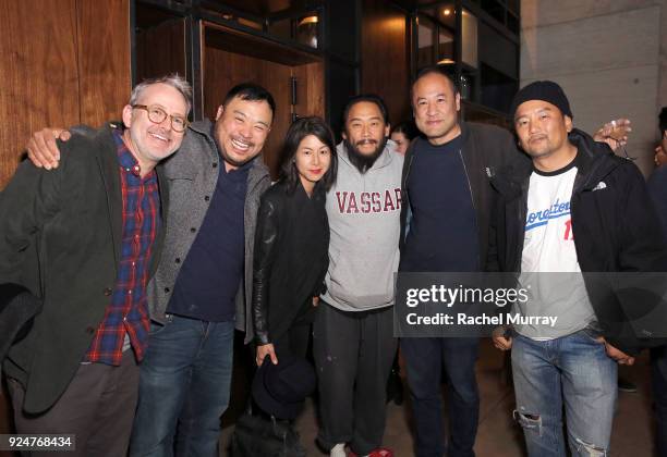 Producer Morgan Neville , Chef/Owner David Chang , Artist David Choe , and Chef Roy Choi attend the Ugly Delicious dinner party at Chef/Owner David...