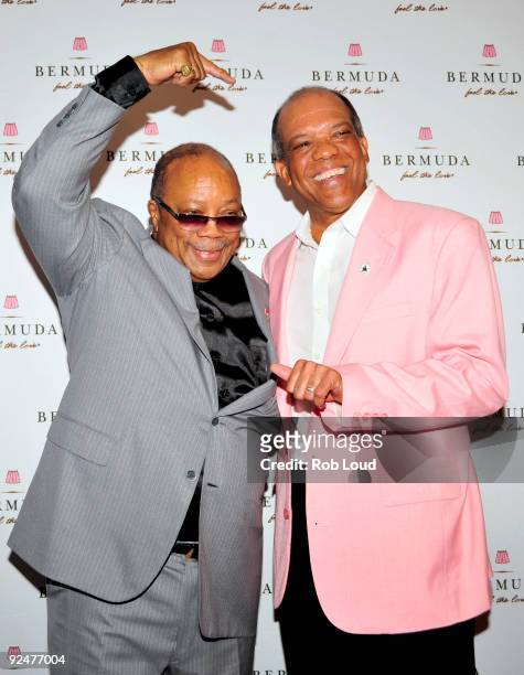 Music producer Quincy Jones and Bermuda Premier Dr. Ewart Brown attend the Bermuda Music Festival's Pink Carpet Premiere of "This Is It".