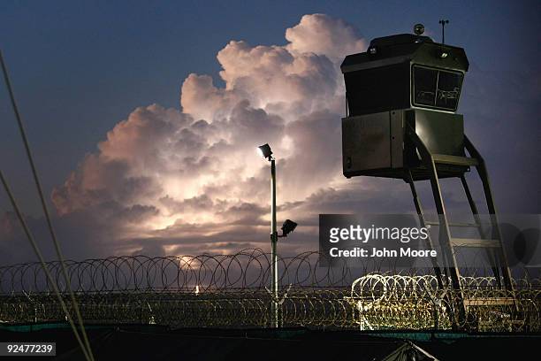 Mobile guard tower stands over a camp for Chinese Uighur detainees at the U.S. Military prison for "enemy combatants" on October 28, 2009 in...