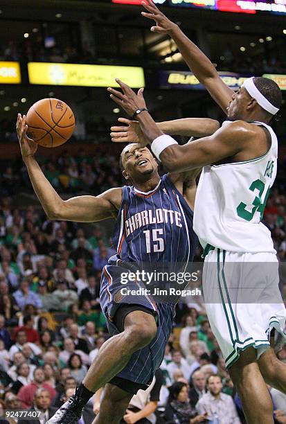 Paul Pierce of the Boston Celtics attempts to block the shot of Gerald Henderson of Charlotte Bobcats at the TD Banknorth Garden on October 28, 2009...