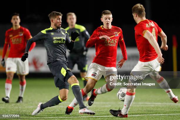 Ramon Pascal Lundqvist of PSV U23, Mees Hoedemakers of AZ Alkmaar U23, Rens van Eijden of AZ Alkmaar U23 during the Dutch Jupiler League match...