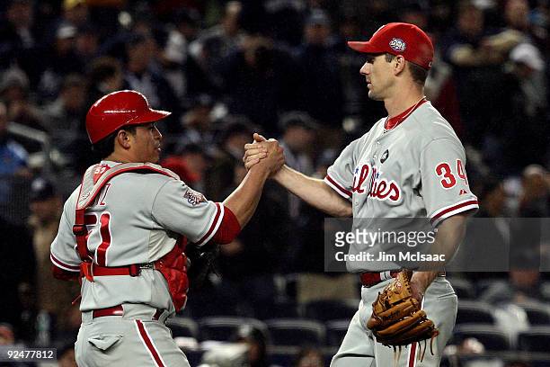 Carlos Ruiz and Cliff Lee of the Philadelphia Phillies celebrate after their 6-1 win against the New York Yankees in Game One of the 2009 MLB World...