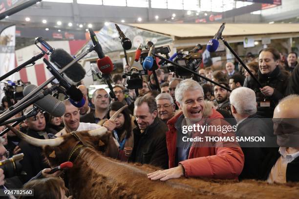 Head of France's rightwing Republicans opposition party Laurent Wauquiez pets a cow as he visits the 55th International Agriculture Fair at the Porte...