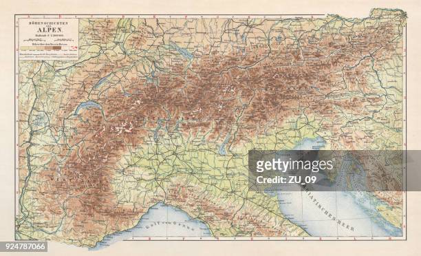 topographische karte der europäischen alpen, lithographie, veröffentlicht im jahre 1897 - bodensee karte stock-grafiken, -clipart, -cartoons und -symbole
