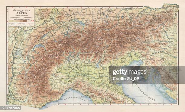 topographic map of the european alps, lithograph, published in 1897 - european alps stock illustrations