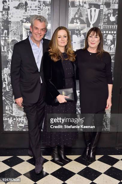 Danny Huston, Lucy Yeomans, and Anjelica Huston attend NET-A-PORTER and MR PORTER partner with Letters Live on February 26, 2018 in Los Angeles,...