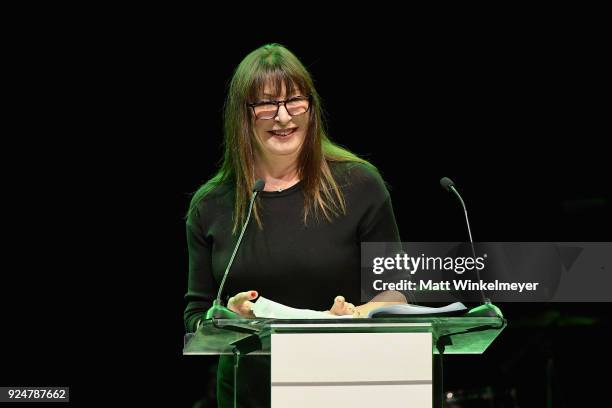 Anjelica Huston performs onstage at NET-A-PORTER and MR PORTER partner with Letters Live on February 26, 2018 in Los Angeles, California.