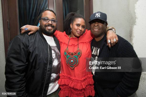 Erin Davis, Deva Mahal and Vince Wilburn Jr. Attend the concert for Deva Mahal at Hotel Cafe on February 26, 2018 in Los Angeles, California.