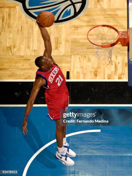 Thaddeus Young of the Philadelphia 76ers slam dunks against the Orlando Magic during a game on October 28, 2009 at Amway Arena in Orlando, Florida....