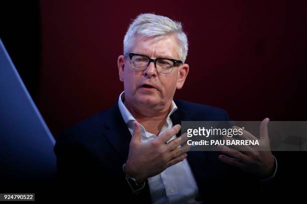 Ericsson President and CEO Borje Ekholm gives a press conference on the second day of the Mobile World Congress on February 27, 2018 in Barcelona. -...