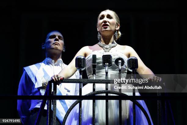 Emma Kingston, playing the role of Eva Peron, performs on stage during the "Evita" media call on February 27, 2018 in Singapore. Winner of over 20...