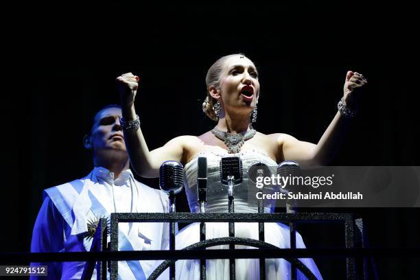 Emma Kingston, playing the role of Eva Peron, performs on stage during the "Evita" media call on February 27, 2018 in Singapore. Winner of over 20...