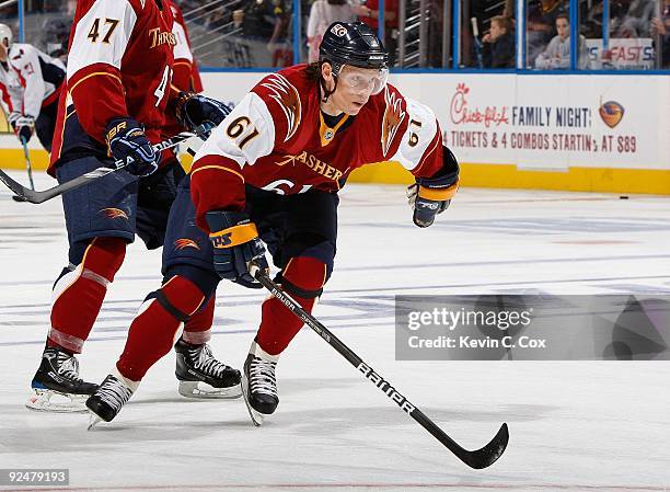 Maxim Afinogenov of the Atlanta Thrashers against the Washington Capitals at Philips Arena on October 22, 2009 in Atlanta, Georgia.