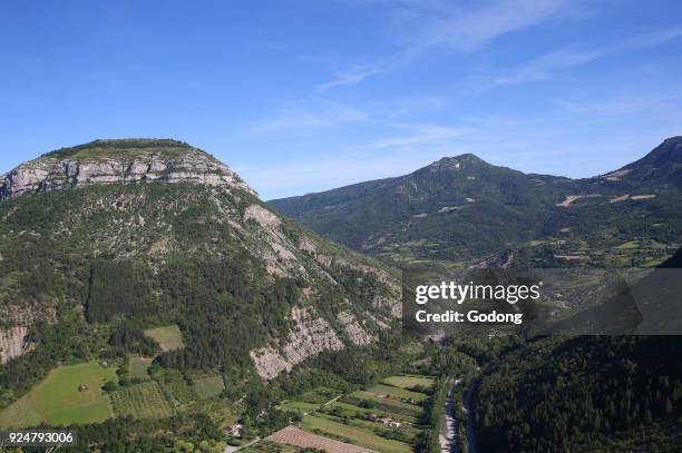 View from the mountain top into the valley near Remuzat. France.