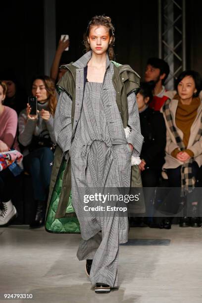 Model walks the runway at the Ujoh show during Milan Fashion Week Fall/Winter 2018/19 on February 26, 2018 in Milan, Italy.