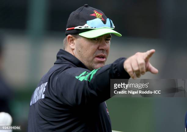Heath Streak Head coach of Zimbabwe during the ICC Cricket World Cup Qualifier Warm Up match between Zimbabwe and Ireland on February 27, 2018 in...