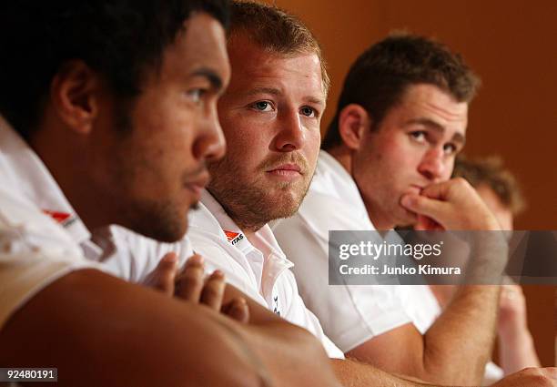 Digby Ioane, Benn Robinson, James Horwill and Ryan Cross attend the Qantas Wallabies media session at ANA Intercontinental Hotel Tokyo on October 29,...