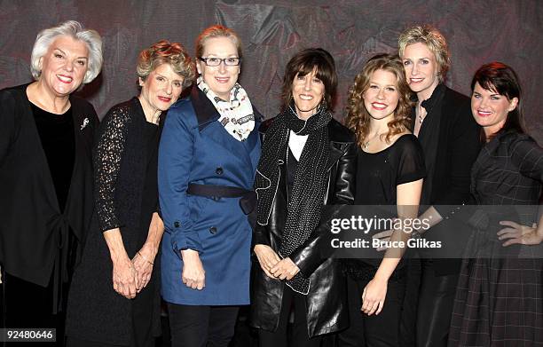 Tyne Daly, Mary Louise Wilson, Meryl Streep, Lisa Joyce, Jane Lynch and Mary Birdsong pose backstage at "Love, Loss and What I Wore" on Broadway at...