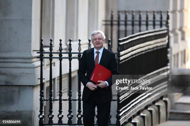 Brexit Secretary David Davis arrives in Downing Street for the weekly cabinet meeting on February 27, 2018 in London, England.