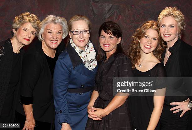 Mary Louise Wilson,Tyne Daly, Meryl Streep, Mary Birdsong, Lisa Joyce and Jane Lynch pose backstage at "Love, Loss and What I Wore" on Broadway at...