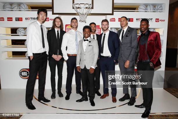 Melbourne United players Josh Boone, Craig Moller, Casper Ware, Tai Wesley and Casey Prather arrive at the 2018 NBL MVP Awards Night at Crown...