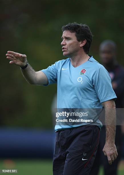 Mike Ford, the defence coach issues instructions during the England training session held at Pennyhill Park on October 28, 2009 in Bagshot, England.