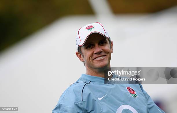 Brian Smith, the England attack coach looks on during the England training session held at Pennyhill Park on October 28, 2009 in Bagshot, England.