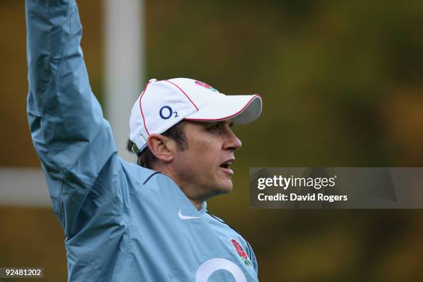 Brian Smith, the England attack coach looks on during the England training session held at Pennyhill Park on October 28, 2009 in Bagshot, England.