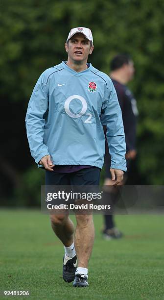 Brian Smith, the England attack coach looks on during the England training session held at Pennyhill Park on October 28, 2009 in Bagshot, England.