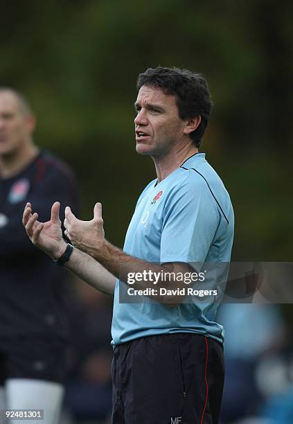 Mike Ford, the defence coach issues instructions during the England training session held at Pennyhill Park on October 28, 2009 in Bagshot, England.