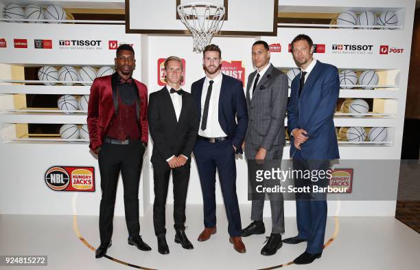 Melbourne United players Josh Boone, Kyle Adnam, Tai Wesley and Casey Prather arrive at the 2018 NBL MVP Awards Night at Crown Palladium on February...