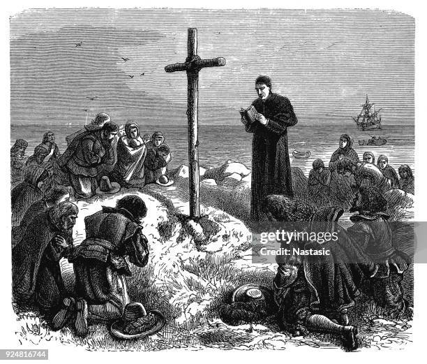 stockillustraties, clipart, cartoons en iconen met inscheping van de pilgrim fathers - pilgrim