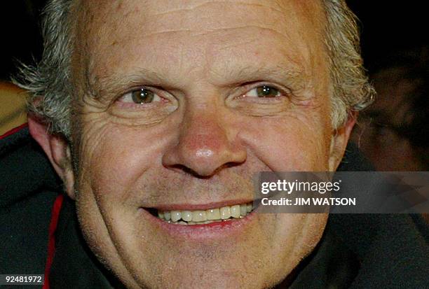 American Adventurer Steve Fossett smiles after arriving in Plymouth 05 April 2004 after he and his crew became the first sailors ever to...