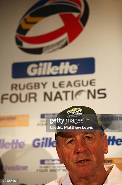 Tim Sheens, Coach of the VB Kangaroos Australian Rugby League Team, speaks during a Press Conference at the Marriott Hotel on October 29, 2009 in...