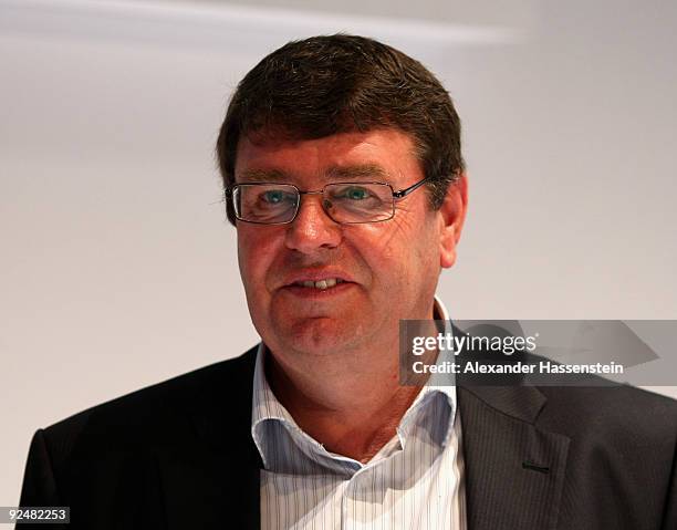 Thomas Pfueller, secretary general of the German Ski Federation looks on during a press conference at the German athlete Winter kit preview at the...