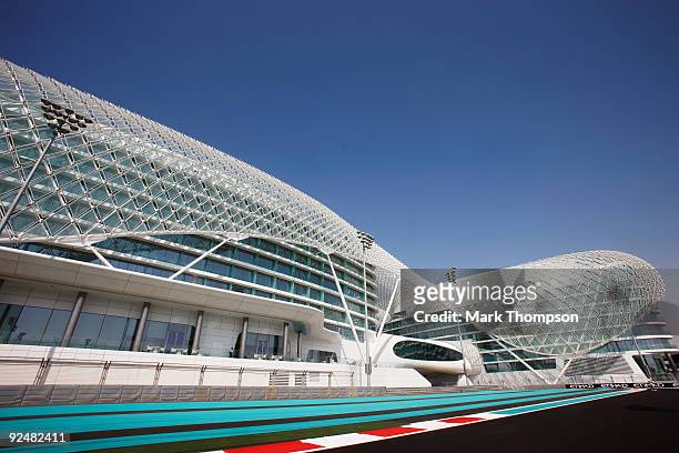 General view of the Abu Dhabi track with the futuristic Yas Hotel in the background during previews to the Abu Dhabi Formula One Grand Prix at the...
