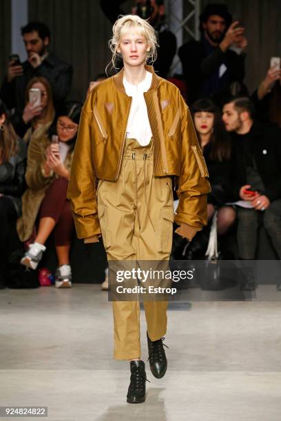 Model walks the runway at the Atsushi Nakashima show during Milan Fashion Week Fall/Winter 2018/19 on February 26, 2018 in Milan, Italy.