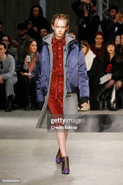 Model walks the runway at the Atsushi Nakashima show during Milan Fashion Week Fall/Winter 2018/19 on February 26, 2018 in Milan, Italy.