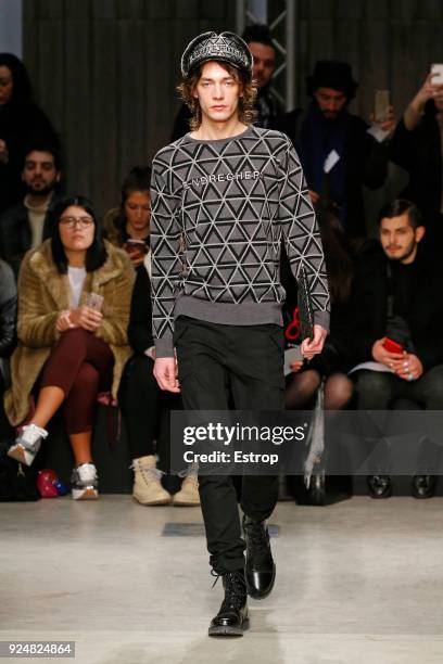 Model walks the runway at the Atsushi Nakashima show during Milan Fashion Week Fall/Winter 2018/19 on February 26, 2018 in Milan, Italy.