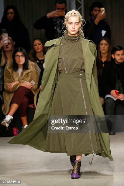 Model walks the runway at the Atsushi Nakashima show during Milan Fashion Week Fall/Winter 2018/19 on February 26, 2018 in Milan, Italy.