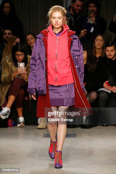 Model walks the runway at the Atsushi Nakashima show during Milan Fashion Week Fall/Winter 2018/19 on February 26, 2018 in Milan, Italy.