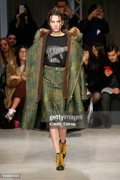 Model walks the runway at the Atsushi Nakashima show during Milan Fashion Week Fall/Winter 2018/19 on February 26, 2018 in Milan, Italy.
