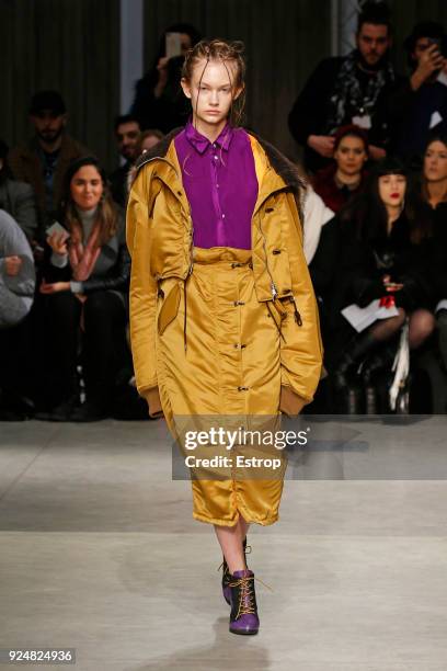 Model walks the runway at the Atsushi Nakashima show during Milan Fashion Week Fall/Winter 2018/19 on February 26, 2018 in Milan, Italy.