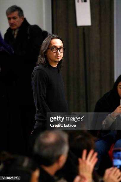 Model walks the runway at the Atsushi Nakashima show during Milan Fashion Week Fall/Winter 2018/19 on February 26, 2018 in Milan, Italy.