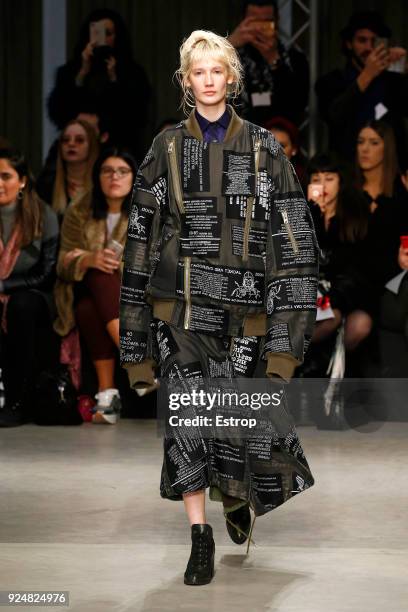 Model walks the runway at the Atsushi Nakashima show during Milan Fashion Week Fall/Winter 2018/19 on February 26, 2018 in Milan, Italy.