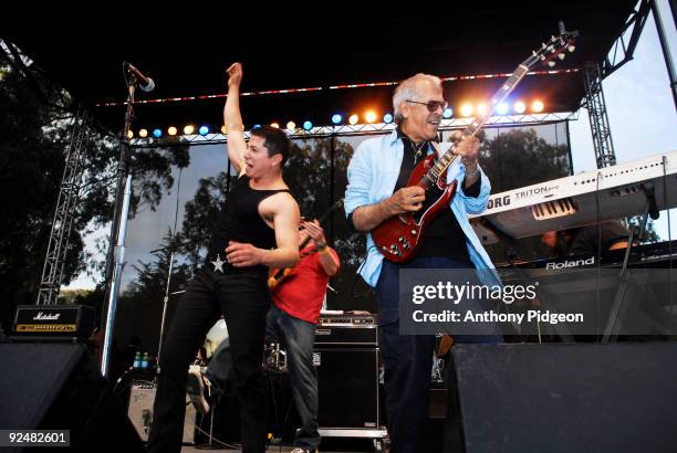 Jorge Santana performs on stage with Malo on the last day of Hardly Strictly Bluegrass at Speedway Meadow, Golden Gate Park on October 4, 2009 in San...
