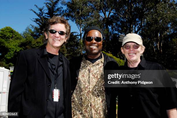 Rodney Crowell, Booker T Jones and Jack Casaday pose backstage for a portrait on the last day of Hardly Strictly Bluegrass at Speedway Meadow, Golden...